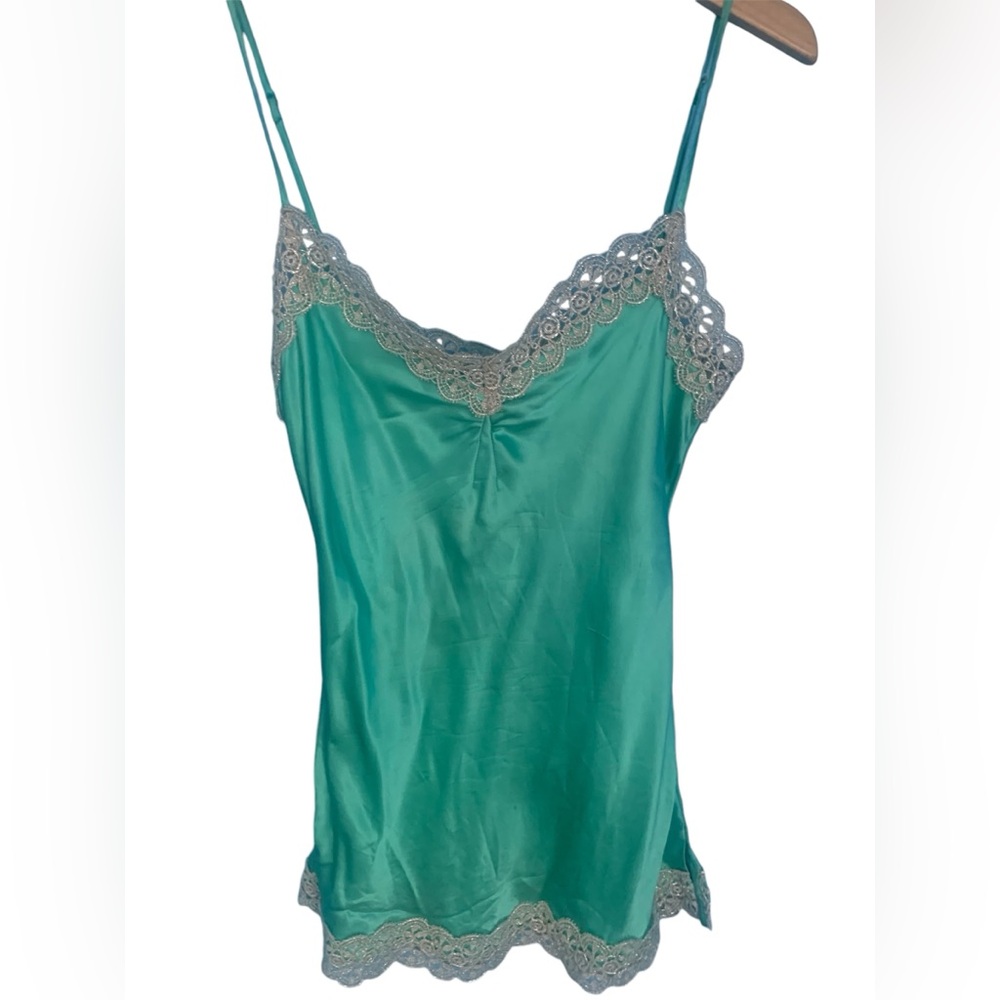 Charlotte Vintage Y2K Green 100% Silk Cami Top Crochet Trim Size S